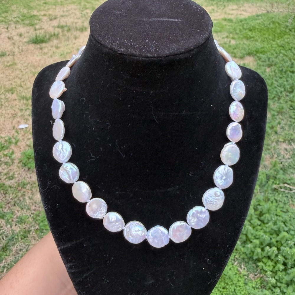 925 Sterling Silver Freshwater Coin Pearl Necklace - Picture 2 of 5